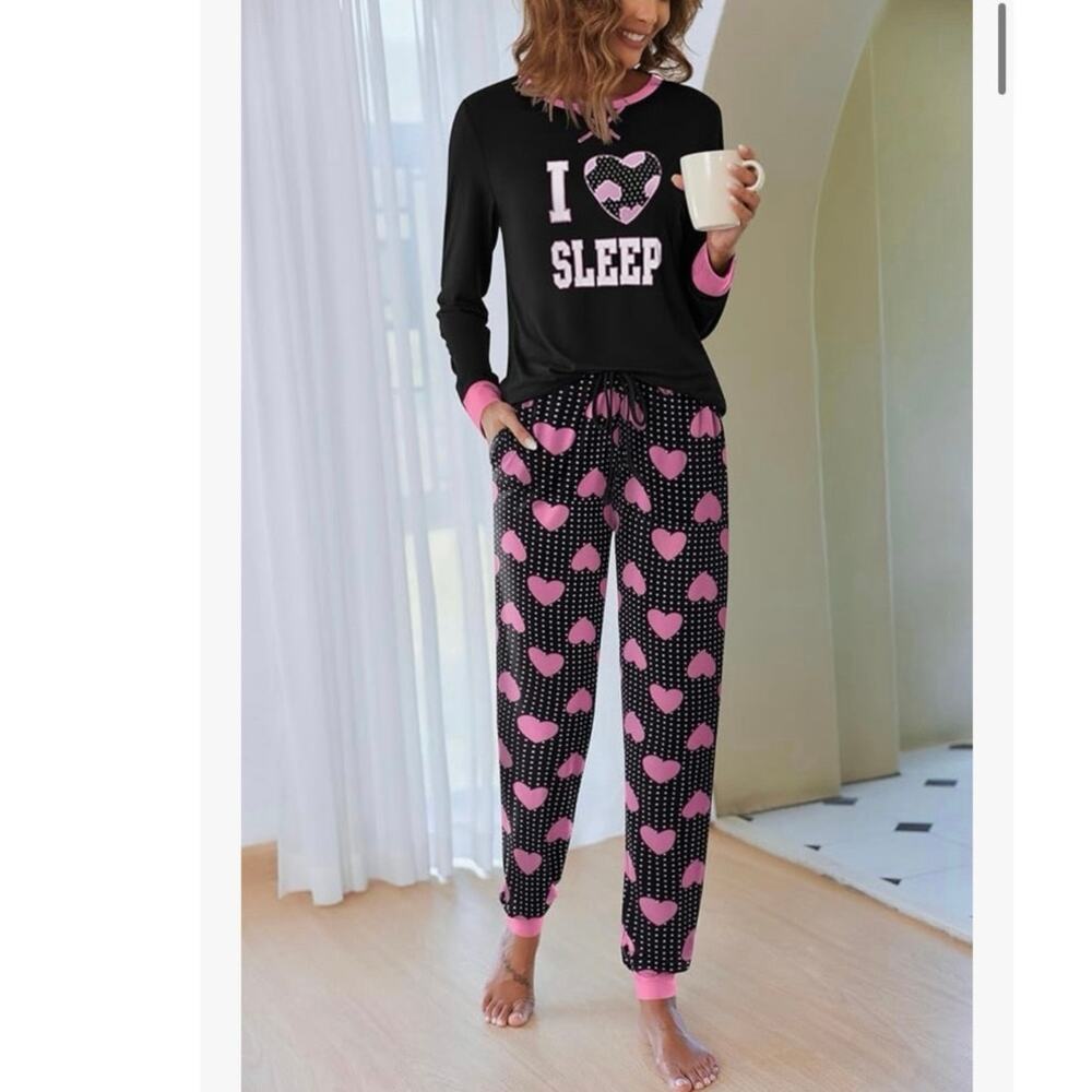 I Love Sleep Pajama Set - Long Sleeve Elbow Patch Top & Heart Dot Pants - Medium